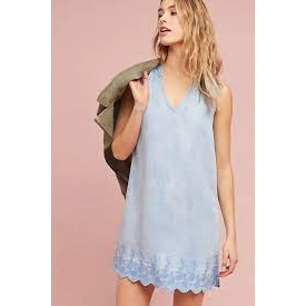 Michael Stars Dress 100% Tencel Blue Striped Sleeveless Embroidered‎ Size Small